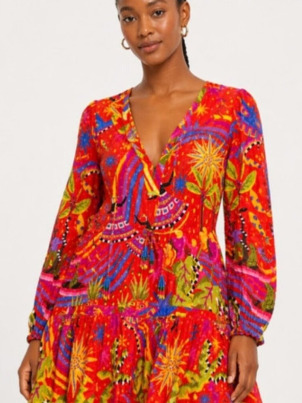 Farm Rio Magic Forest Vibrant Red Tiered Long Sleeve Mini Dress Size S